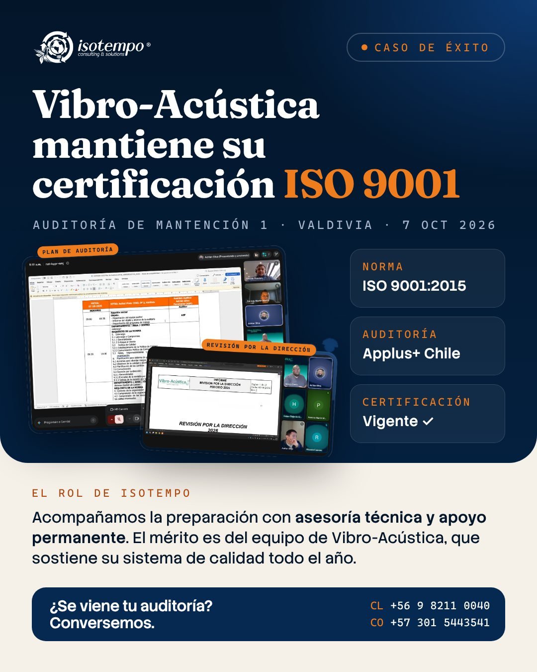 Caso de éxito: Vibro-Acústica mantiene su certificación ISO 9001 tras su Auditoría de Mantención 1 con Applus+ Chile